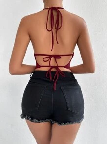 Chiquease 垂褶領後背繫帶掛脖上衣 - 酒紅色 - 查看 2