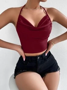 Chiquease 垂褶領後背繫帶掛脖上衣 - 酒紅色 - 查看 3