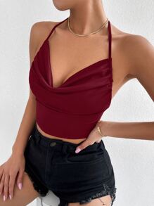 Chiquease 垂褶領後背繫帶掛脖上衣 - 酒紅色 - 查看 5