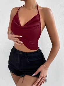 Chiquease 垂褶領後背繫帶掛脖上衣 - 酒紅色 - 查看 6
