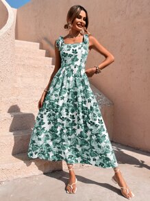 SHEIN VCAY Vestido de tirantes con estampado floral de hombros con cordón - Verde - Ver 4