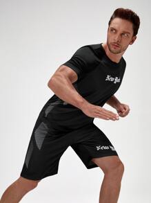 Manfinity Sport Corelite Men Shorts Set Men Polka Dot & Letter Graphic Raglan Sleeve Sports Set - Black - View 3