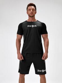 Manfinity Sport Corelite Men Shorts Set Men Polka Dot & Letter Graphic Raglan Sleeve Sports Set - Black - View 6