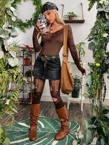 ROMWE PUNK Grunge Lace Insert Top - Chocolate Brown - View 4