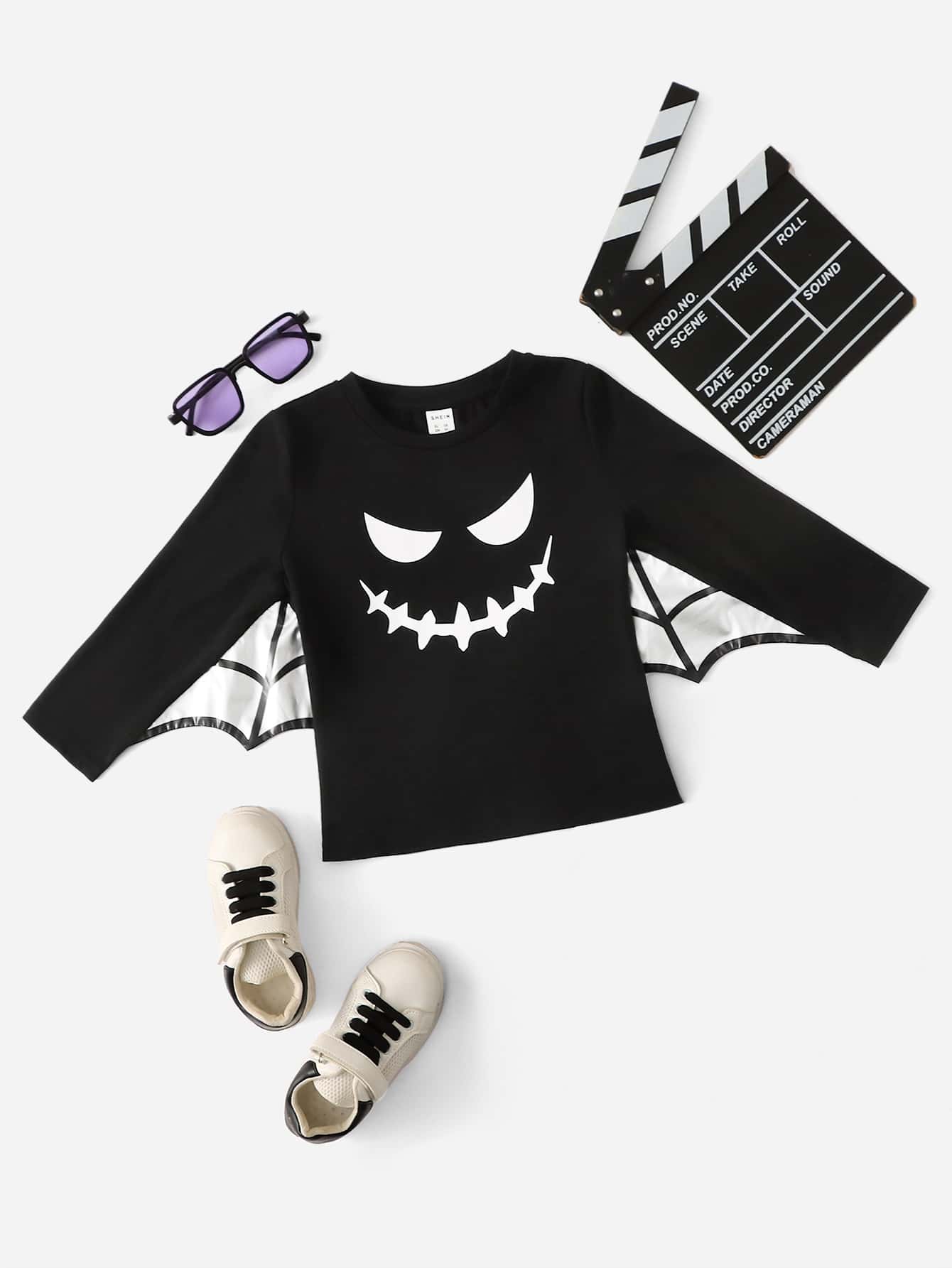 SHEIN 小男童萬聖印花蝙蝠袖T恤