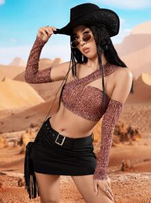 SHEIN Unity Leopard Print One Shoulder Crop Top With Arm Sleeves - Multicolor - View 4