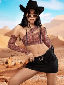 SHEIN Unity Leopard Print One Shoulder Crop Top With Arm Sleeves - Multicolor - View 1