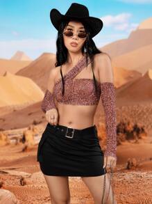 SHEIN Unity Leopard Print One Shoulder Crop Top With Arm Sleeves - Multicolor - View 5