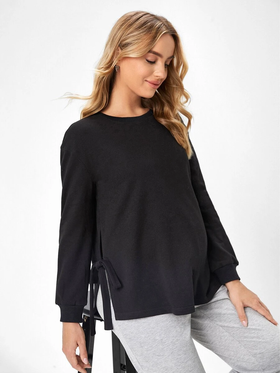 SHEIN Maternity Drop Shoulder Knot Hem Pullover - Black - View 1