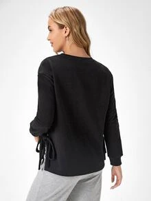 SHEIN Maternity Drop Shoulder Knot Hem Pullover - Black - View 2