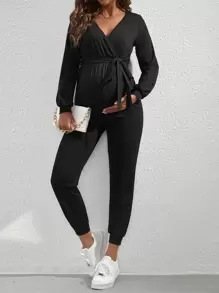 SHEIN 孕婦交疊領燈籠袖腰帶連身褲