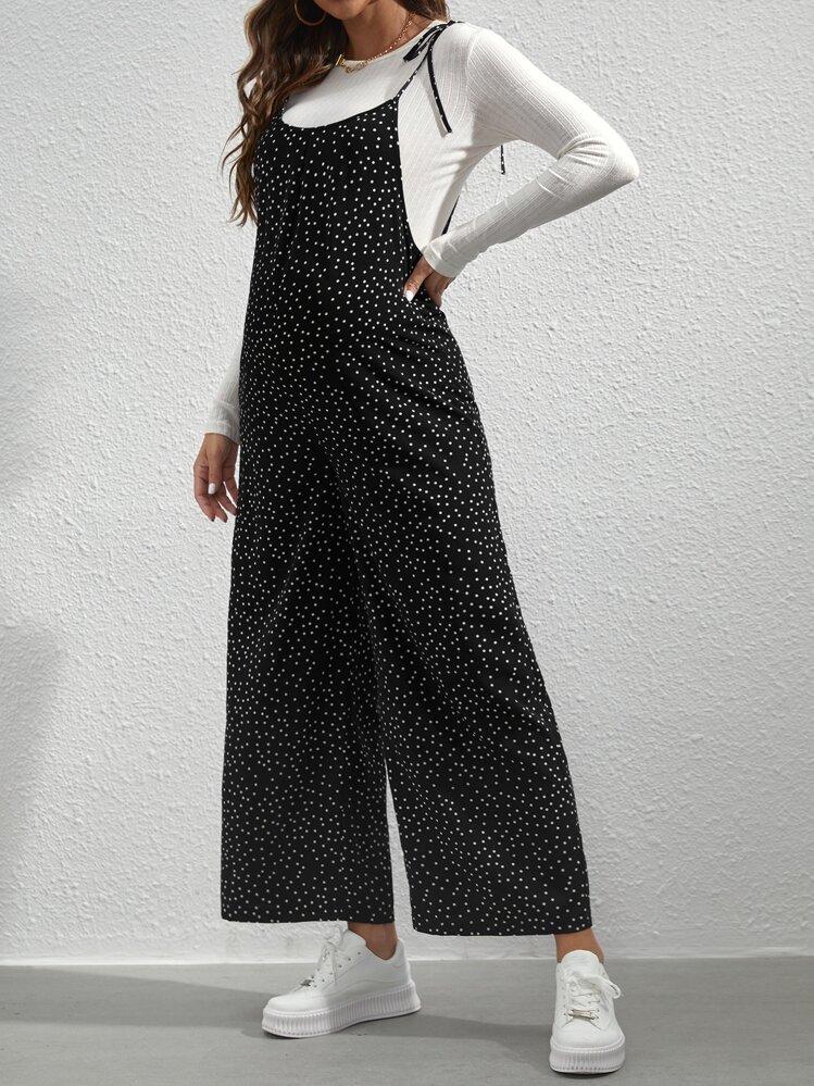 Maternity Polka Dot Tie Shoulder Overall Jumpsuit Without Tee - Black - View 4