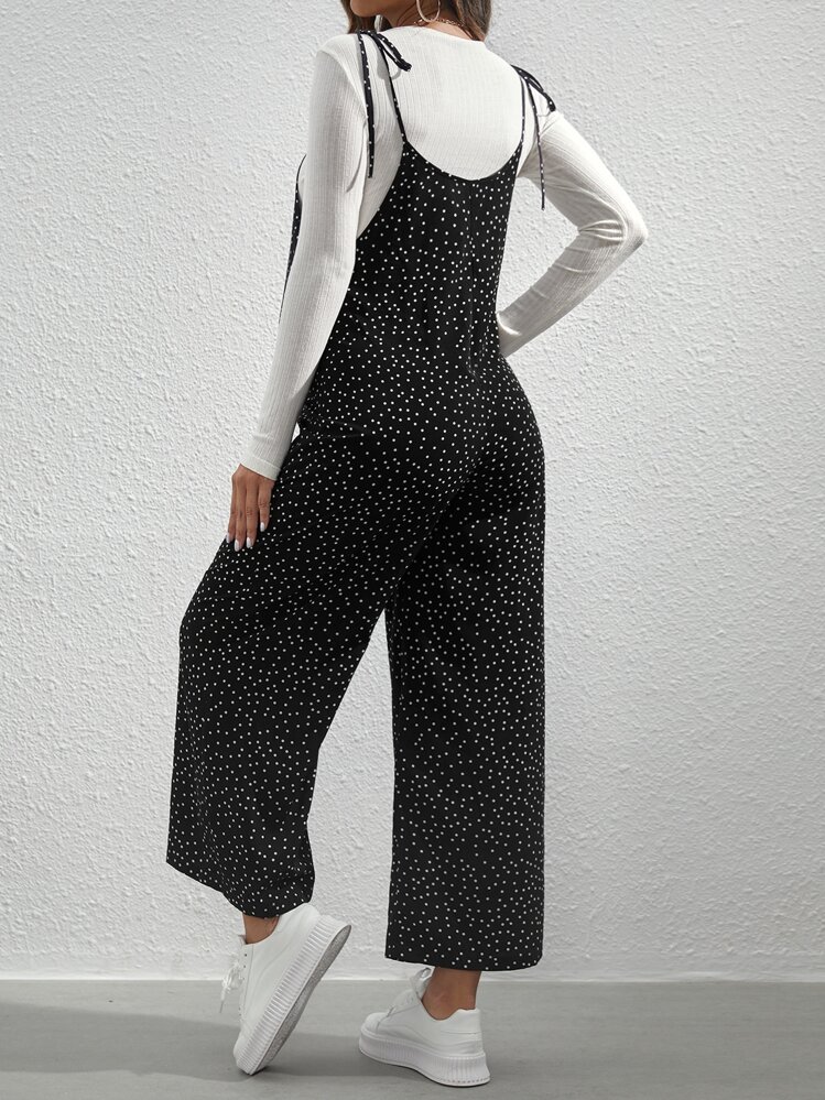 Maternity Polka Dot Tie Shoulder Overall Jumpsuit Without Tee - Black - View 5