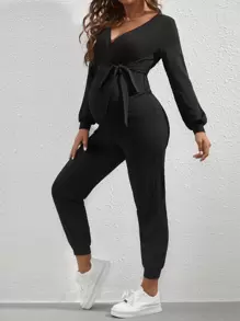 SHEIN 孕婦交疊領燈籠袖腰帶連身褲