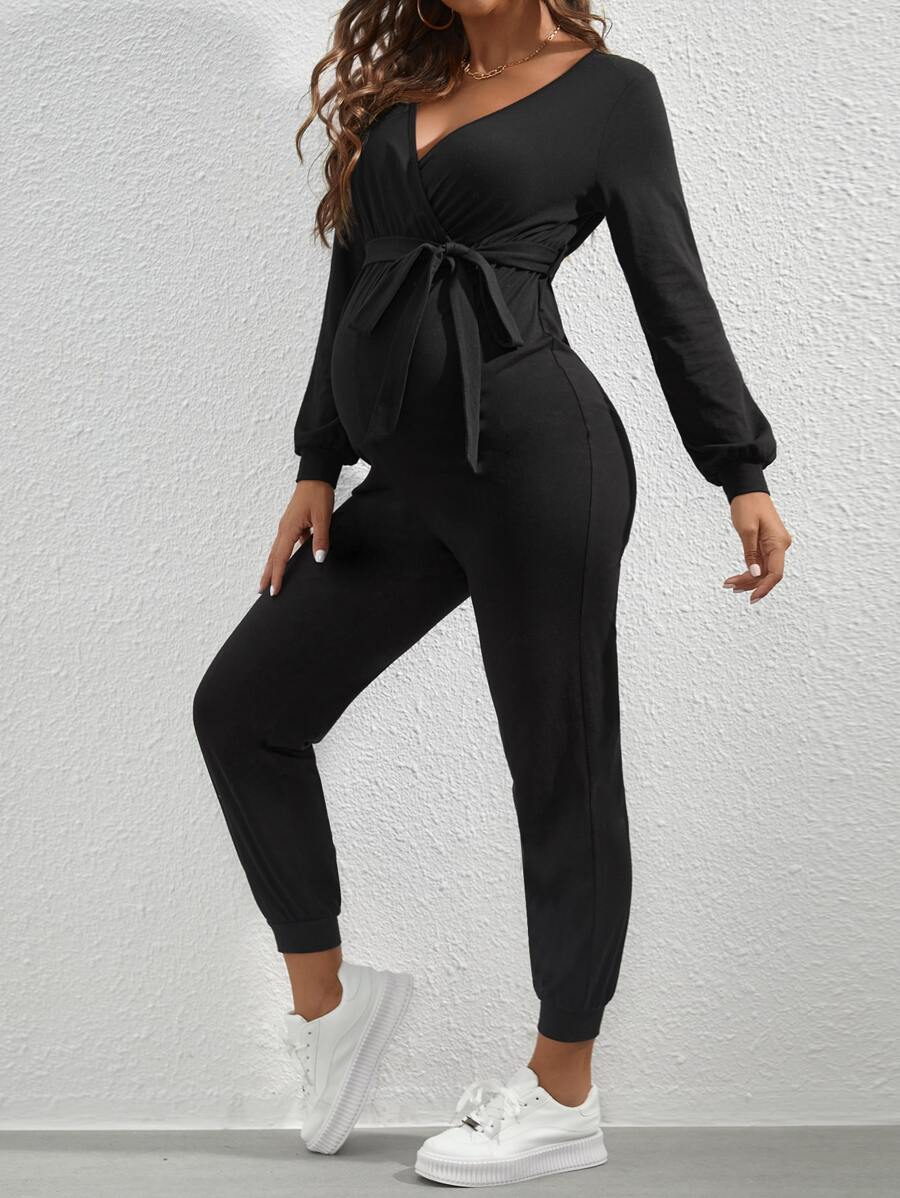 SHEIN 孕婦交疊領燈籠袖腰帶連身褲