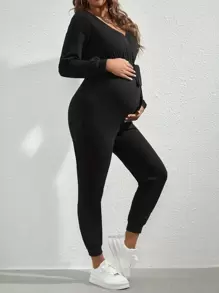 SHEIN 孕婦交疊領燈籠袖腰帶連身褲