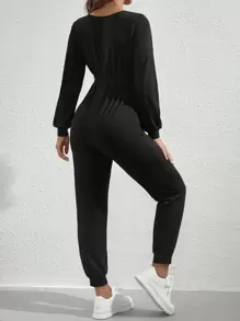 SHEIN 孕婦交疊領燈籠袖腰帶連身褲