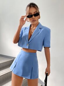 SHEIN EZwear Blazer corto con un solo botón y falda pantalón con bajo dividido para otoño/invierno - Azul - Ver 7