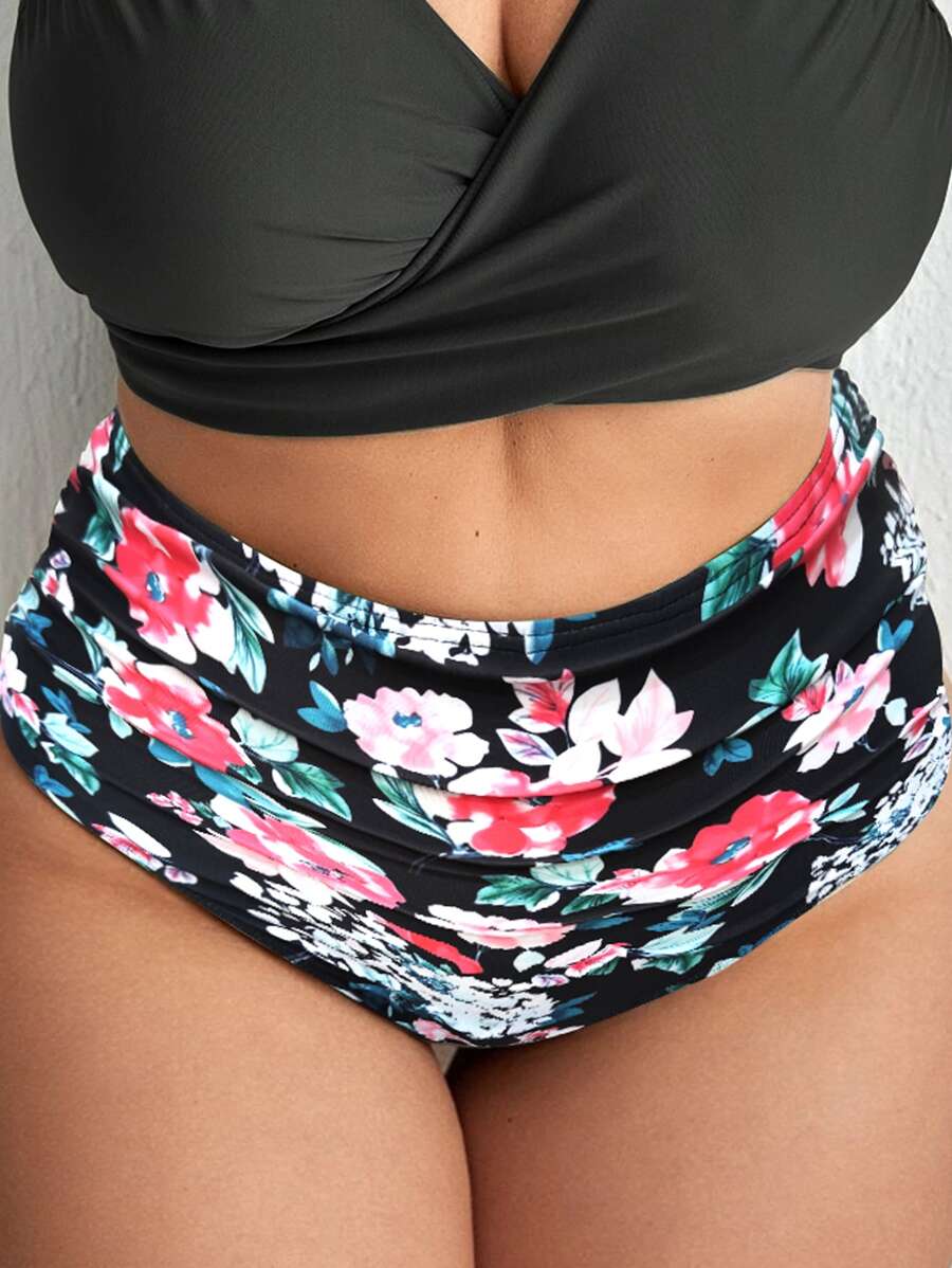 SHEIN Swim Curve Plus Floral Print High Waisted Bikini Bottom - Black - View 1