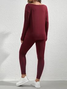 SHEIN Maternidad tejido de canalé Camiseta de hombros caídos & de cintura ajustable Leggings - Granate - Ver 4