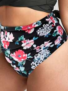 SHEIN Swim Curve Plus Floral Print High Waisted Bikini Bottom - Black - View 4