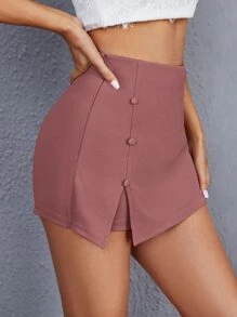 SHEIN Privé Quần đùi nữ Nút Chia Dây kéo màu trơn Giải trí - Màu tím hoa cà - Xem 3