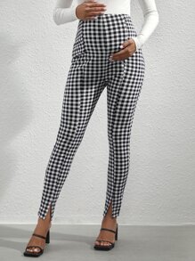 SHEIN Maternity Gingham Split Hem Trousers - Black and White - View 1