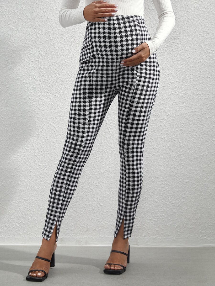 SHEIN Maternity Gingham Split Hem Trousers - Black and White - View 1