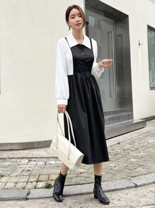 DAZY Vestido camisero de color combinado con botón delantero - Negro - Ver 3
