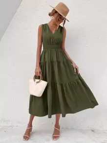 SHEIN VCAY Shirred Tie Back Ruffle Hem Dress - Army Green - View 5