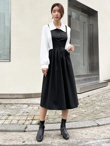 DAZY Vestido camisero de color combinado con botón delantero - Negro - Ver 4