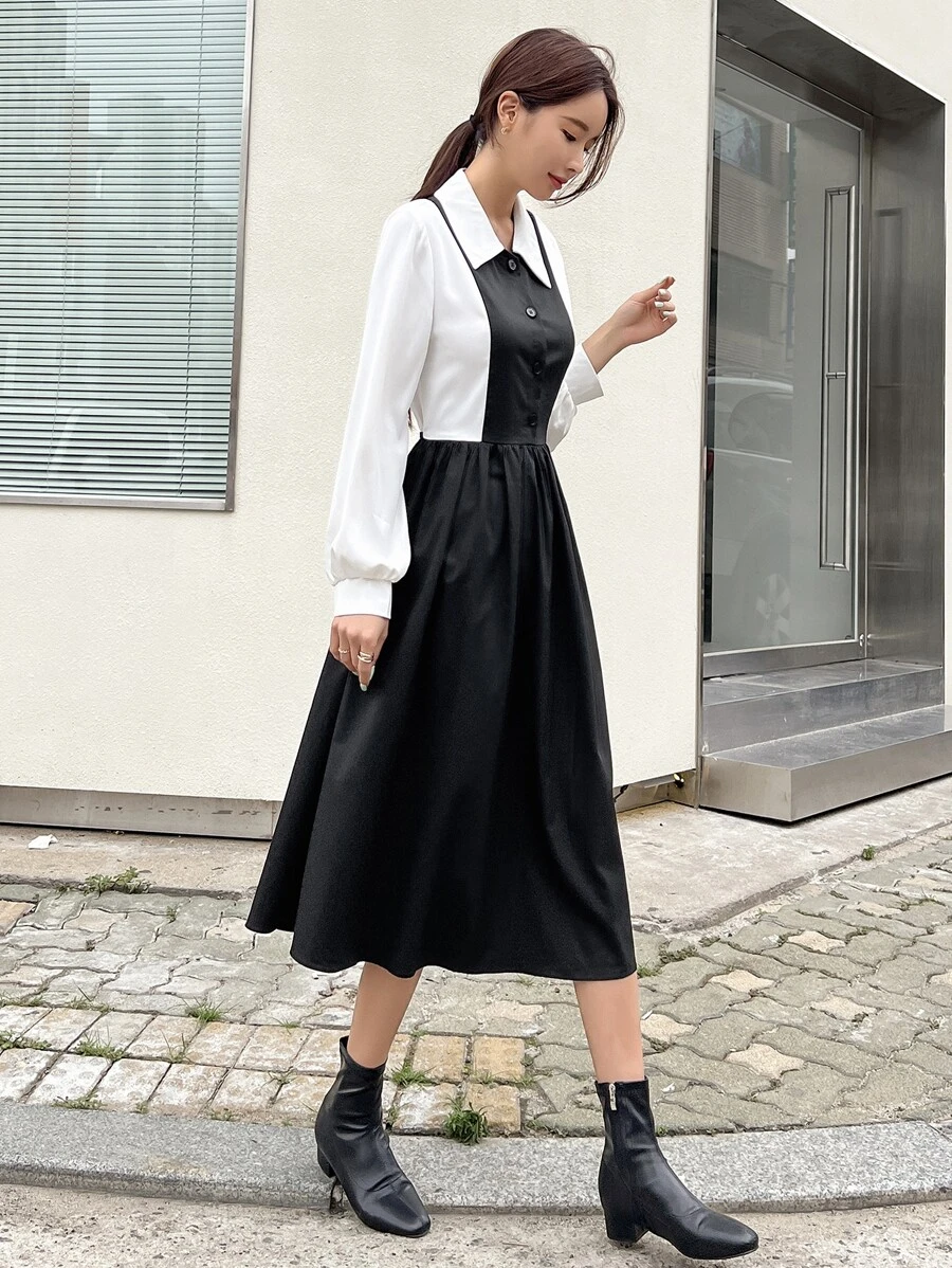 DAZY Vestido camisero de color combinado con botón delantero - Negro - Ver 1