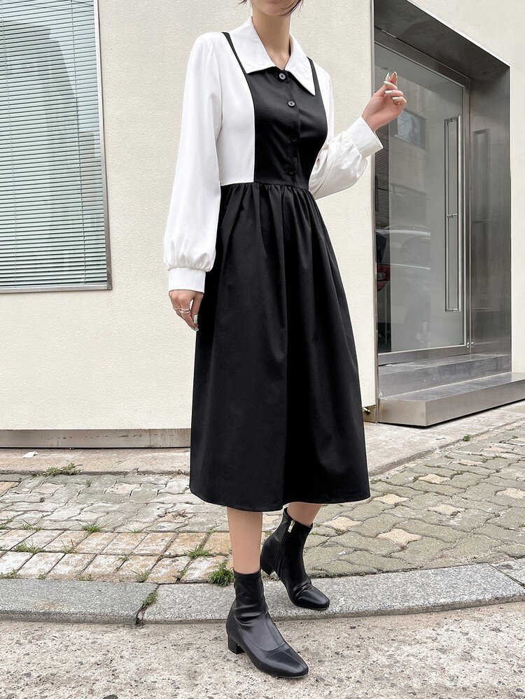DAZY Vestido camisero de color combinado con botón delantero - Negro - Añade 8