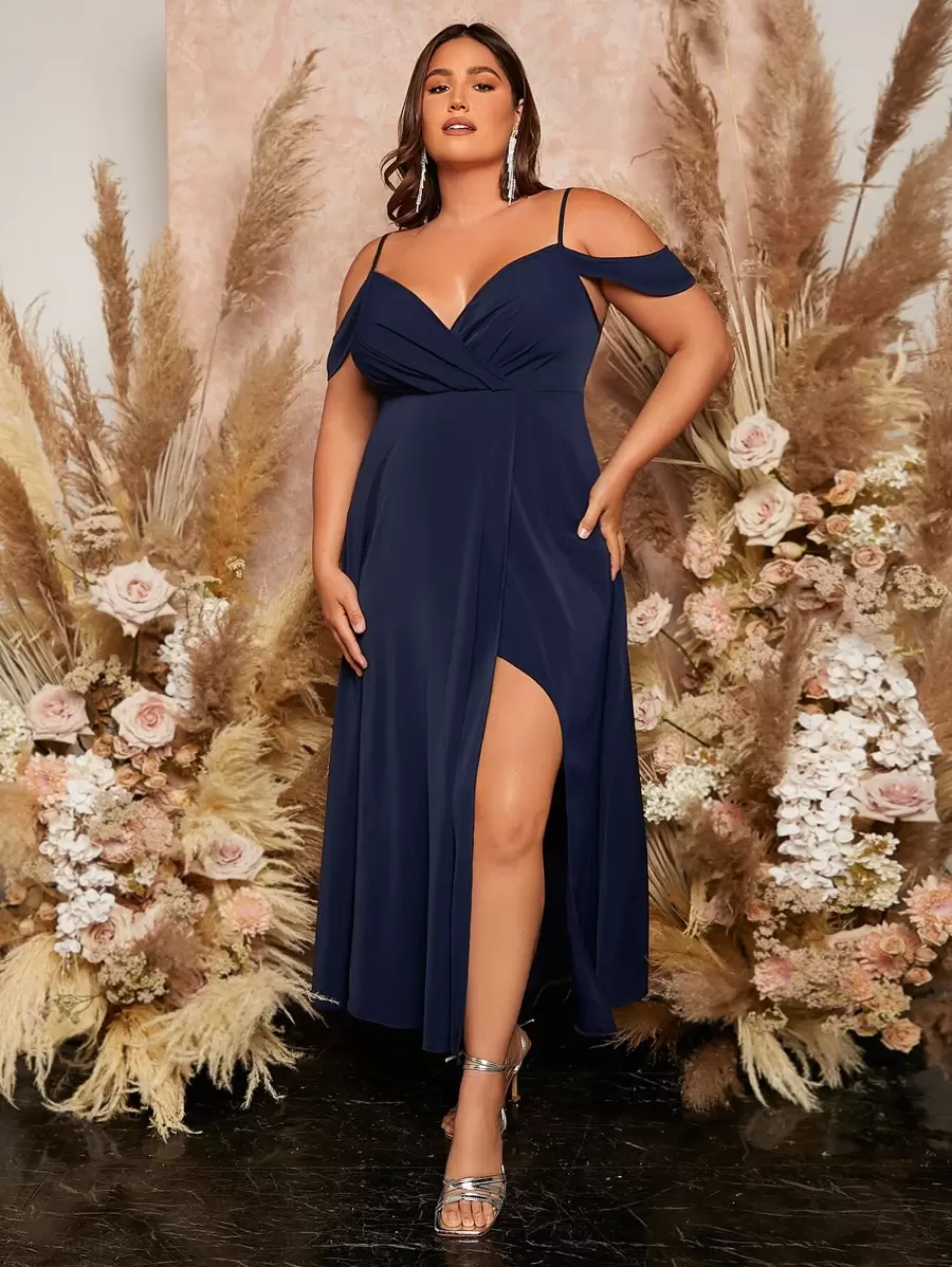 SHEIN Belle Plus Đầm phù dâu hở vai, trang trọng, thanh lịch, trang phục dự tiệc tối, tốt nghiệp, tiệc tối - Màu xanh hải quân - Xem 1