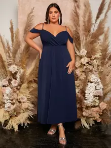 SHEIN Belle Plus Đầm phù dâu hở vai, trang trọng, thanh lịch, trang phục dự tiệc tối, tốt nghiệp, tiệc tối - Màu xanh hải quân - Xem 5