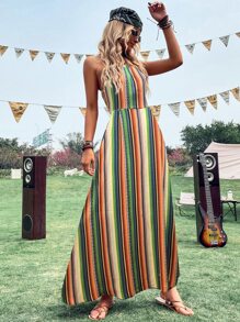 SHEIN VCAY Colorful Striped Tie Back Cami Dress - Multicolor - View 1