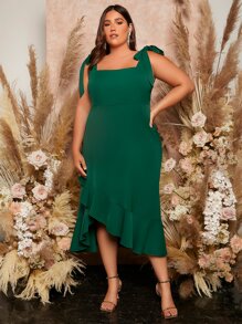 SHEIN Belle Plus Tie Shoulder Ruffle Trim Wrap Bridesmaid Dress - Dark Green - View 6