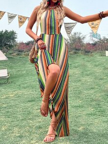 SHEIN VCAY Colorful Striped Tie Back Cami Dress - Multicolor - View 4