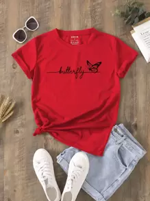 SHEIN LUNE 字母與蝴蝶印花T恤 - 紅色 - 查看 1