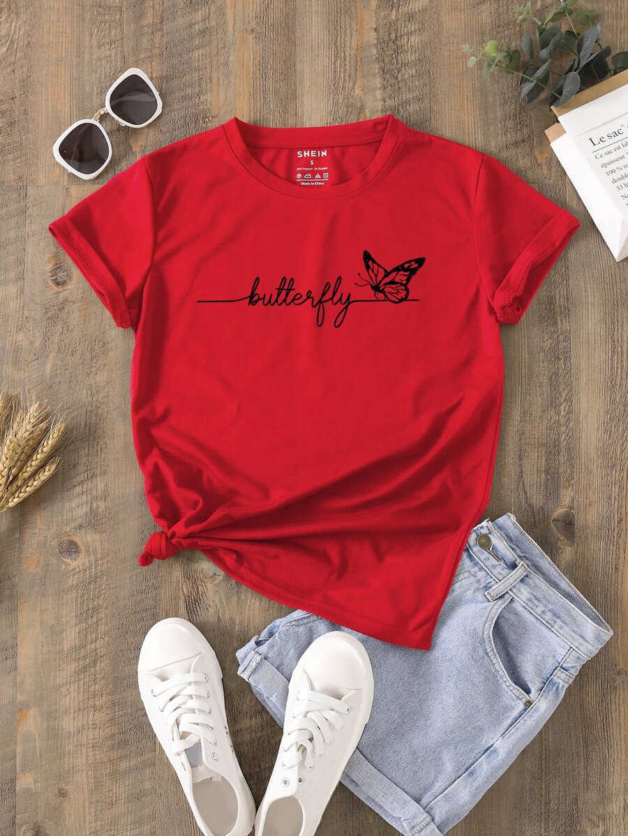 SHEIN LUNE 字母與蝴蝶印花T恤 - 紅色 - 查看 1