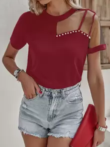 Mesh Panel Pearls Beaded Tee - Red - View 1