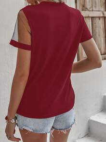 Mesh Panel Pearls Beaded Tee - Red - View 2