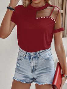 Mesh Panel Pearls Beaded Tee - Red - View 3