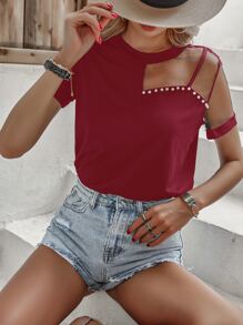 Mesh Panel Pearls Beaded Tee - Red - View 5