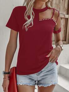 Mesh Panel Pearls Beaded Tee - Red - View 6