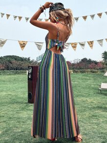 SHEIN VCAY Colourful Striped Tie Back Cami Dress - Multicolor - View 3