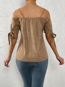 SHEIN Privé Dalmatian Print Cold Shoulder Knot Cuff Blouse - Khaki - View 2