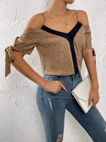 SHEIN Privé Dalmatian Print Cold Shoulder Knot Cuff Blouse - Khaki - View 3