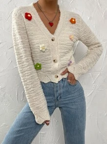 Floral Patched Scallop Trim Cardigan - Beige - View 1