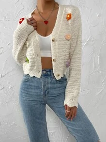 Floral Patched Scallop Trim Cardigan - Beige - View 5